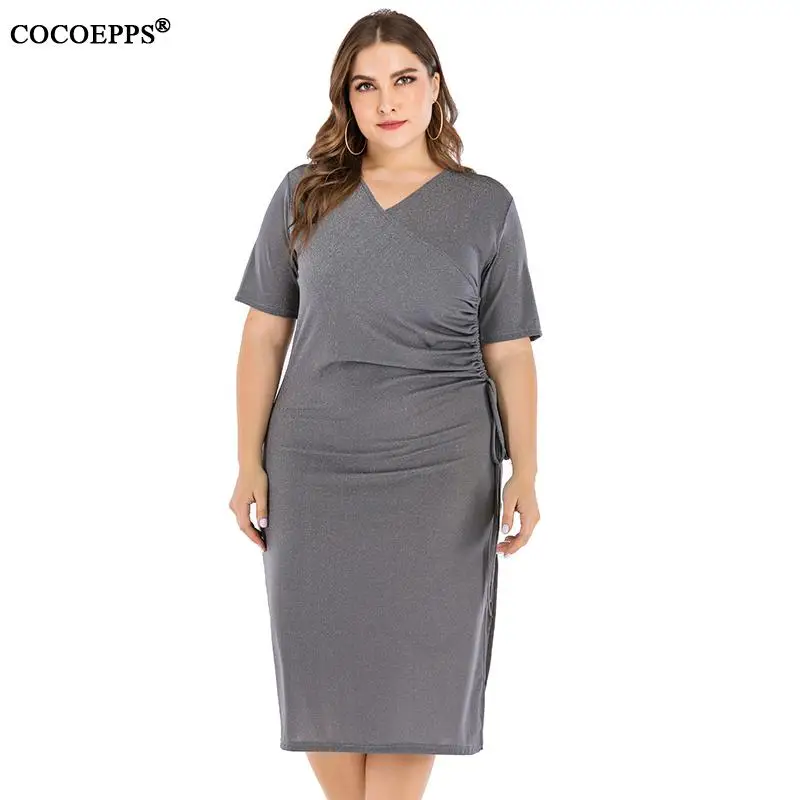 4XL 5XL женское весеннее блестящее платье большого размера элегантное офисное платье с v-образным вырезом и длинными Рюшами Плюс Размер облегающее женское Красное Ночное платье - Цвет: gray