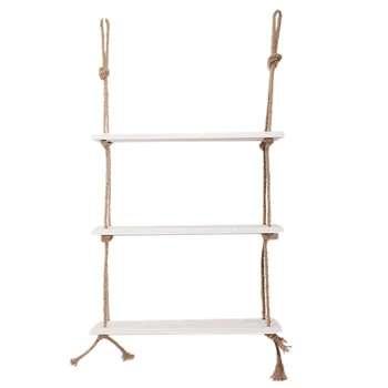 

3-Layer Wooden Rack Swing Rope Floating Shelf Jute Rope Wall Display Stand White
