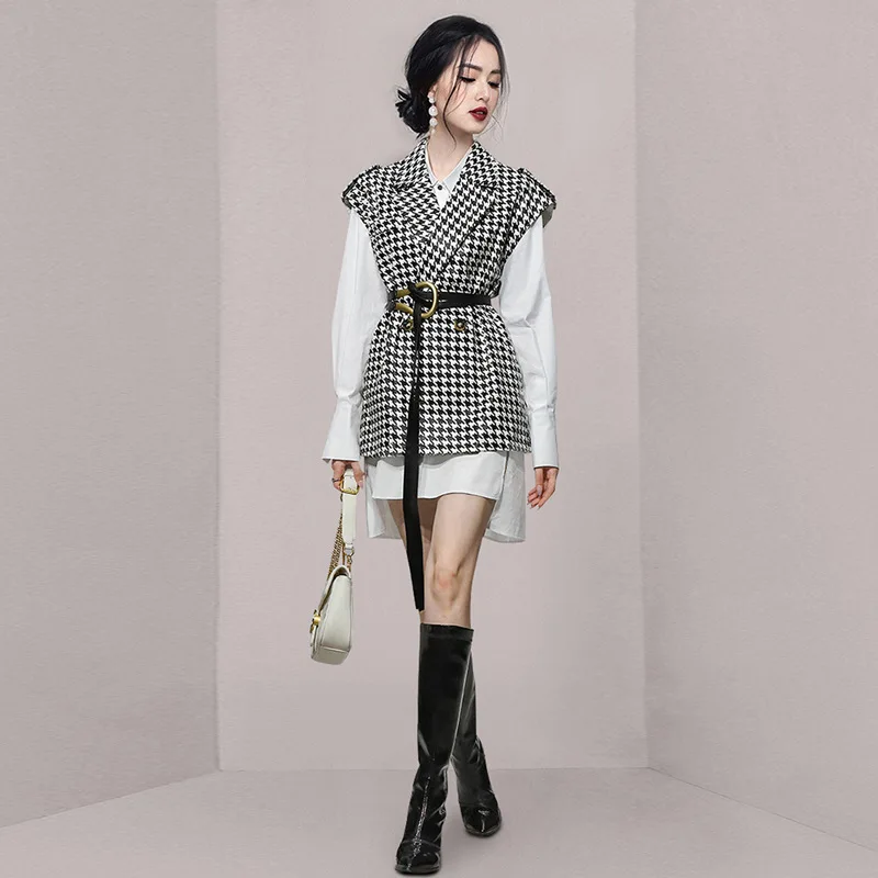 2021 Spring Women Two Piece Set Houndstooth Vest + Women Long Sleeve White Shirt Dress Suits Autumn High End Ladies Vestidos fashion casual summer sexy denim shorts high waist ladies 2021 new women s streetwear plus size shorts jeans