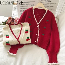 OCEANLOVE вышитые кардиганы вязаная одежда Милая с пышными рукавами короткая женская одежда осенняя зимняя с V-образным вырезом вишневые свитера для женщин 18958 OCEANLOVE вышитые кардиганы вязаная одежда Милая с пышными рукавами короткая женская одежда осенняя зимняя с V-образным вырезом вишневые свитера для женщин 18958