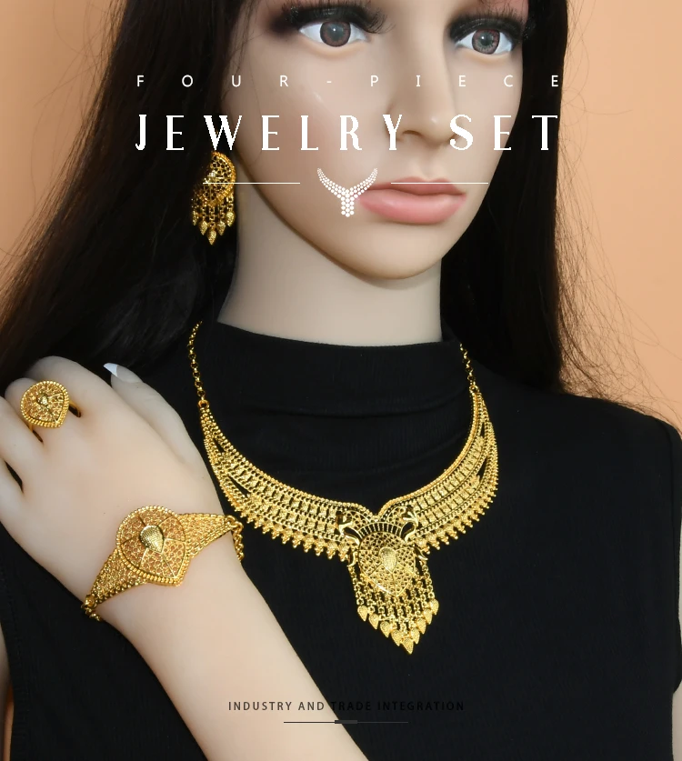 Indian Jewelry Set Wedding 24k Gold Color African Jewelry Dubai Bridal Sets Nigerian Necklace Bracelet Earring Gold Jewellery