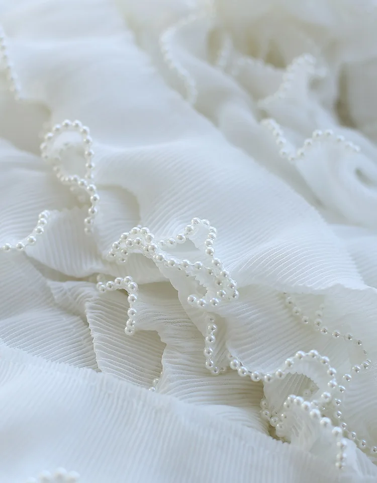 6CM Wide New Embroidery White Flower Beads Tulle Lace Fabric Trim Ribbon DIY Sewing Ruffle Applique Collar Dubai Dress Decor