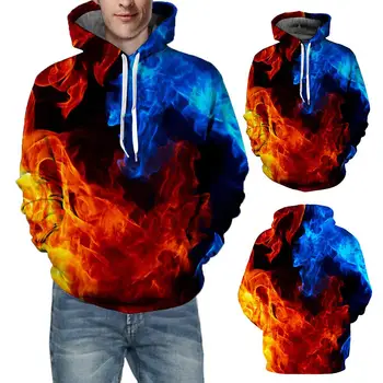 

2020 Newest Men Chic Long Sleeve 3D Digital Flame Print Pocket Plus Size Drawstring Hoodie Top