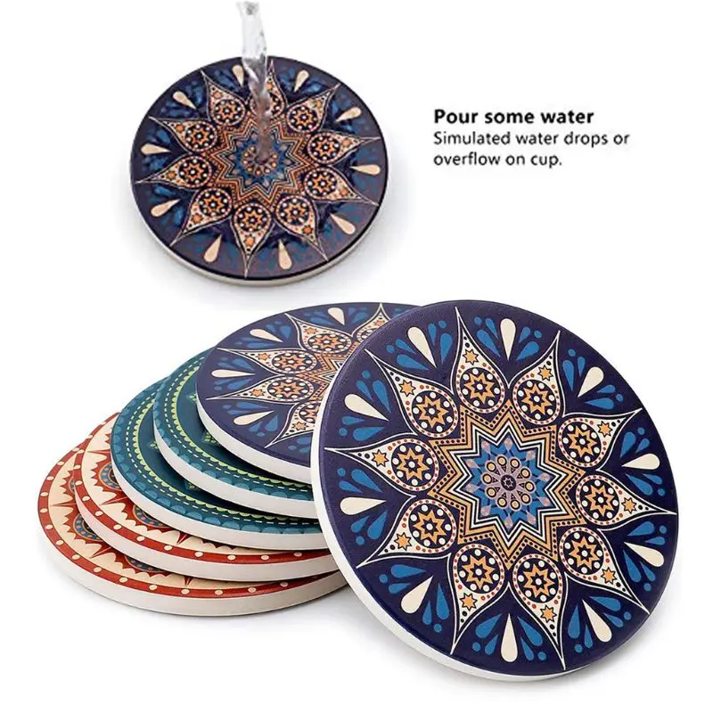 

6pcs/set Flower Drink Coasters Table Mats Moisture Absorbing Ceramic Cork Base Stone Tea Holder For Cup Mug Office Home