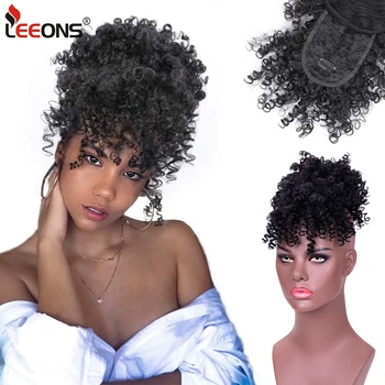 

Leeons New High Puff Drawstring Afro Kinky Curly Synthetic Ponytail With Bangs Ponytail Hair Extension Short Afro Kinky Ponytail