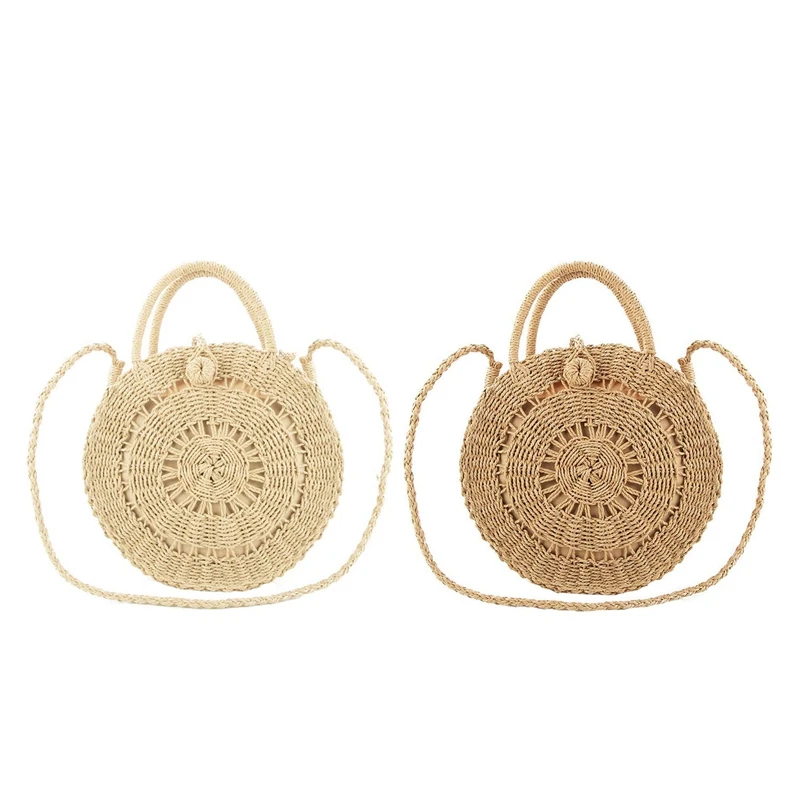 

2Pcs Round Straw Shoulder Bag for Women Weave Crossbody Bag Top Handle Handbag Summer Beach Purse, Hollow Brown & Beige