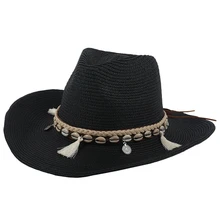 Shell Tassels Cowgirl Summer Hat Straw Hat For Women Men Western Cowboy Hat Lady Trendy Woven Sun Hat Beach Cap Black
