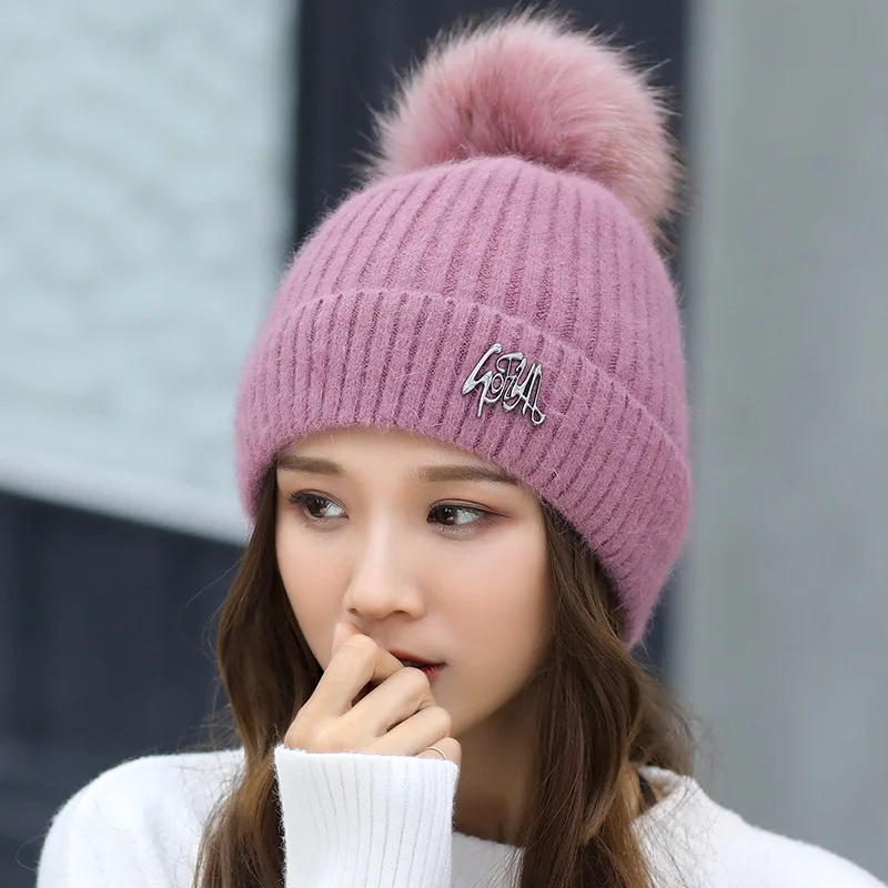 

Woman Winter Double-deck Thickening Solid Color Hair Bulb Knitting Hat Leisure Time letter Keep Warm Wool Hat