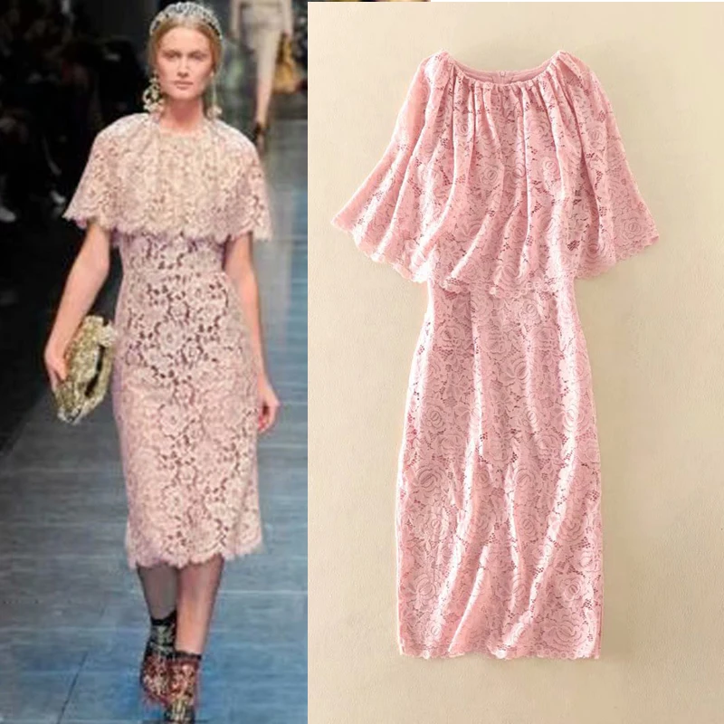 Летние вечерние платья для подиума, Vestido, женское сексуальное кружевное платье с круглым вырезом и коротким рукавом, новое модное платье до середины икры