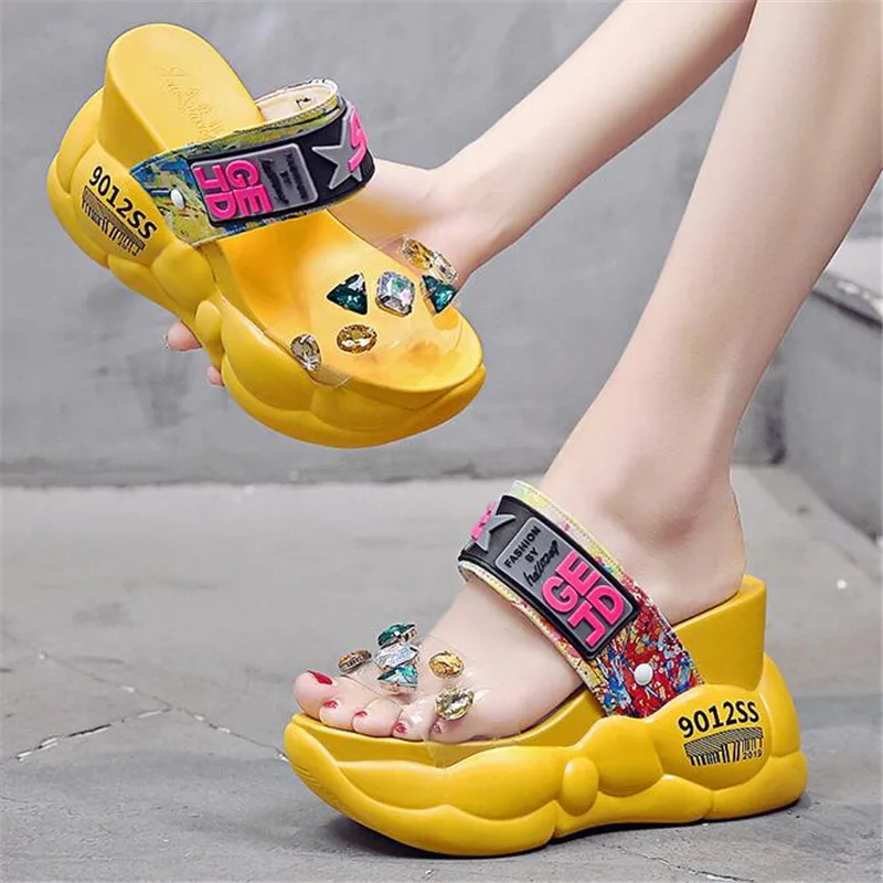 

2020 Summer Women's 11CM High Heels Sandals Fashion Chunky Platform Casual Beach Shoes Sweet Clear Crystal White Wedge Slippers