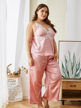 

2020 Pyjamas Woman Summer Clothing Pink Lace Sexy Nightie Sleep Tops Pants Plus Size Nightgown For Women Home Suit Nightwear