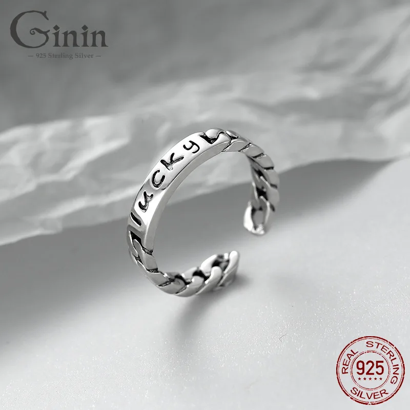 

Ginin 925 Sterling Silver Ring For Men Women Creativity Letter Lucky Twisted Chain Classic Open Finger Jewelry Dance Party Gift