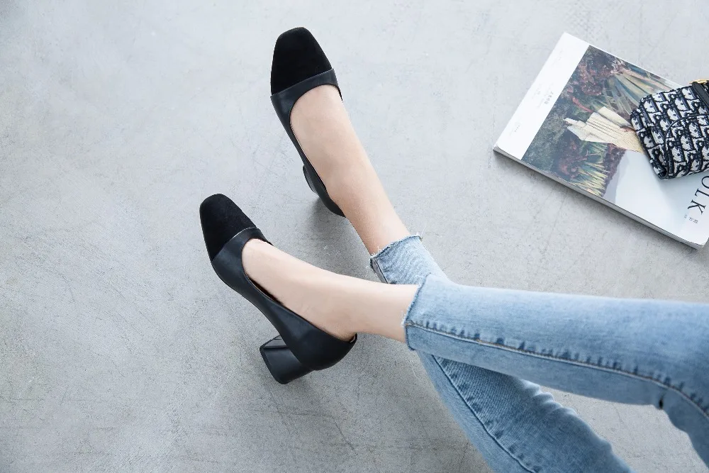 BYQDY Luxuy Brand Large Size Square Toe Black Chunky Heels Casual Pumps Women Shoes Slip On Shallow Shoes Lady Pumps Size 43