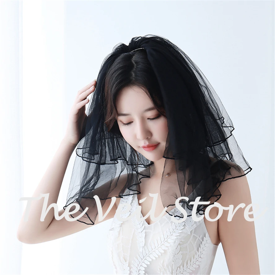 Короткий черный 2 слоя Тюль свадебная вуаль для невесты с расческой Voiles Mariage Noir Courte свадебная фата Negra фотосессия