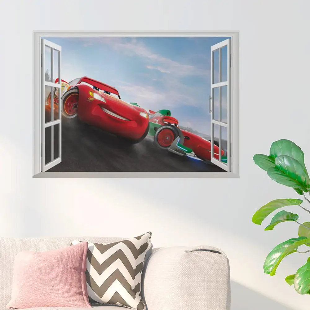 Disney cartoon movie 3Dview Cars Lightning McQueen Window wall sticker for kids room mural art Home decoration PA14262-N