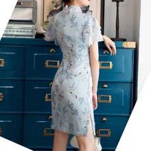 Молодой Чонсам женский шифоновый принт Повседневная жизнь Улучшенная короткая лето стиль 19276