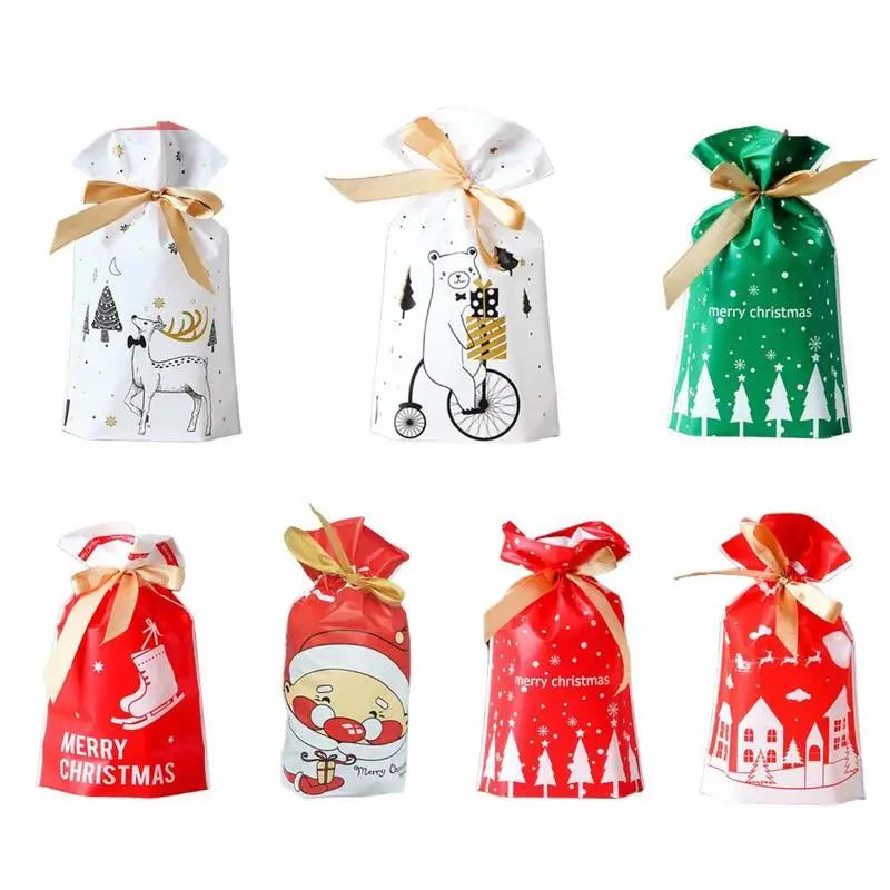

50pcs/package Christmas Gift Bag Santa Claus Christmas Tree Packaging Bag Candy Gift Wrap Ribbon Drawstring Bag Happy New Year