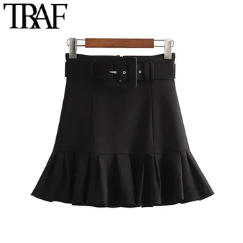 

TRAF Women Vintage Chic Ruffles With Belt Black Mini Skirt Fashion A Line Back Zipper Female Skirts Casual Faldas Mujer