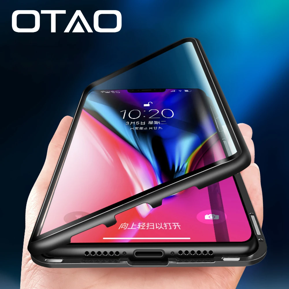 OTAO металлический магнитный чехол для iPhone 8 7 6 6s Plus 9H двухсторонний закаленный