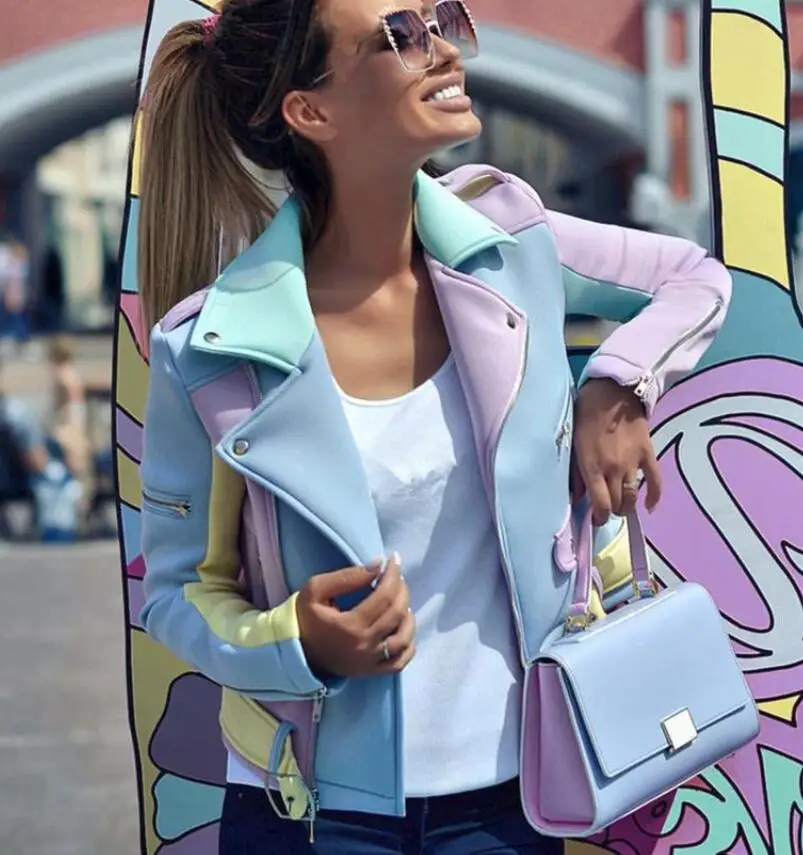 

Contrast color women's jacket spring and autumn multicolor stitching diagonal zipper coat women epaulettes design lapel overcoat