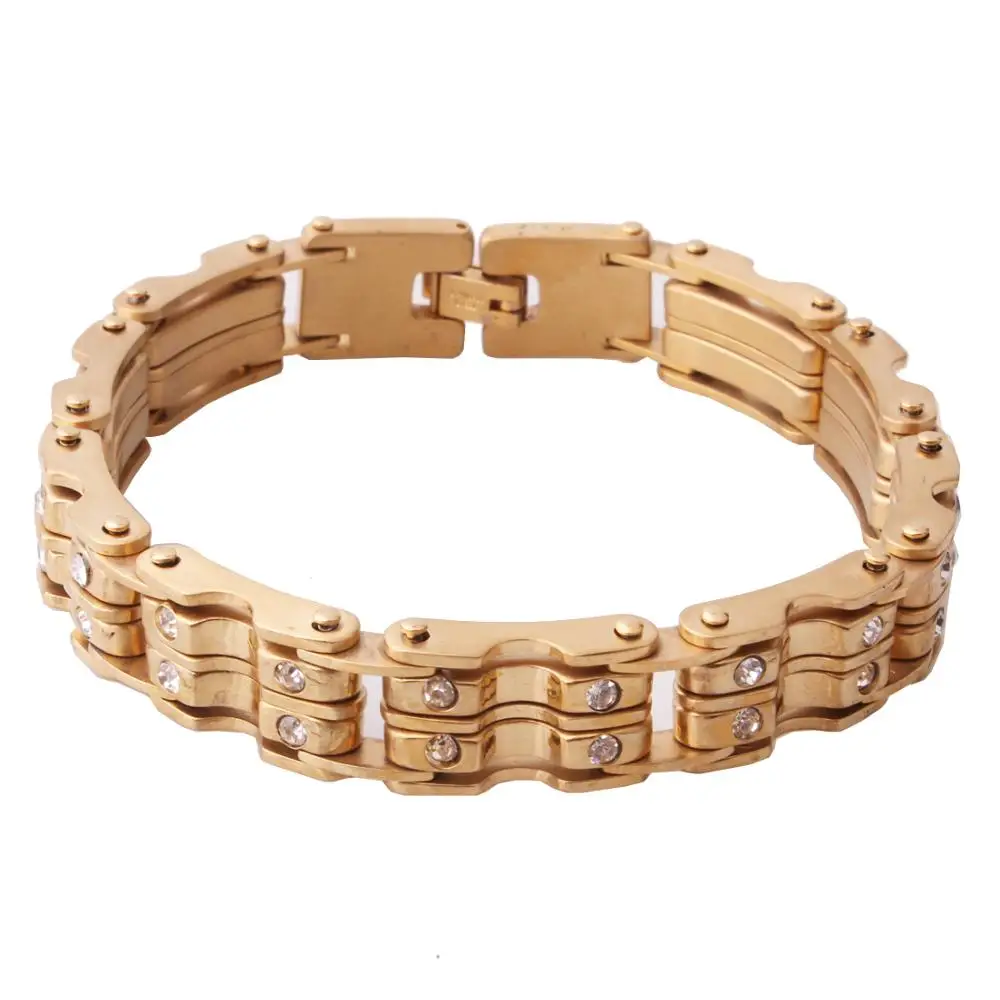 

High Quality Fashion 15mm Bike Chain Bracelet Gold Stones Stainless Steel Men Crystal Link Bicycle Bike Chain Bracelets Jewelry
