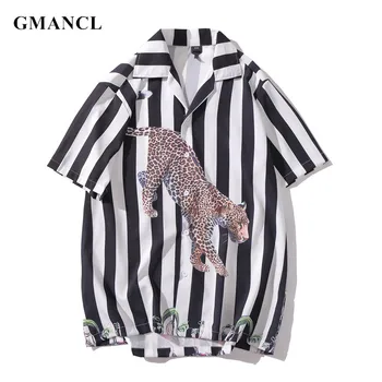 

Multiple colour Men Harajuku Vertical Striped Leopard printed Short Sleeve Shirts Streetwear male Casual Summer Beach Shirts
