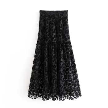 

Bonjean Women Elegant Lace Black Midi Skirt Side Zipper Irregular A Line Female Retro Stylish Mid Calf Skirts