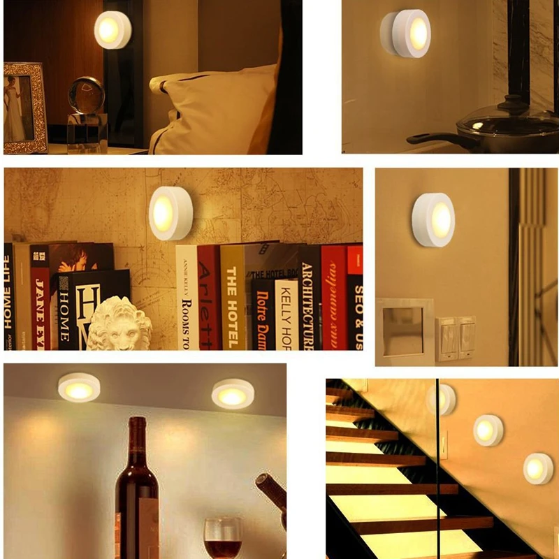 Ночной светильник с сенсорным управлением, круглый светильник под шкаф, светильник для шкафа, шайба, светильник s, беспроводная нажимная палочка, лампа для дома, кухни, спальни
