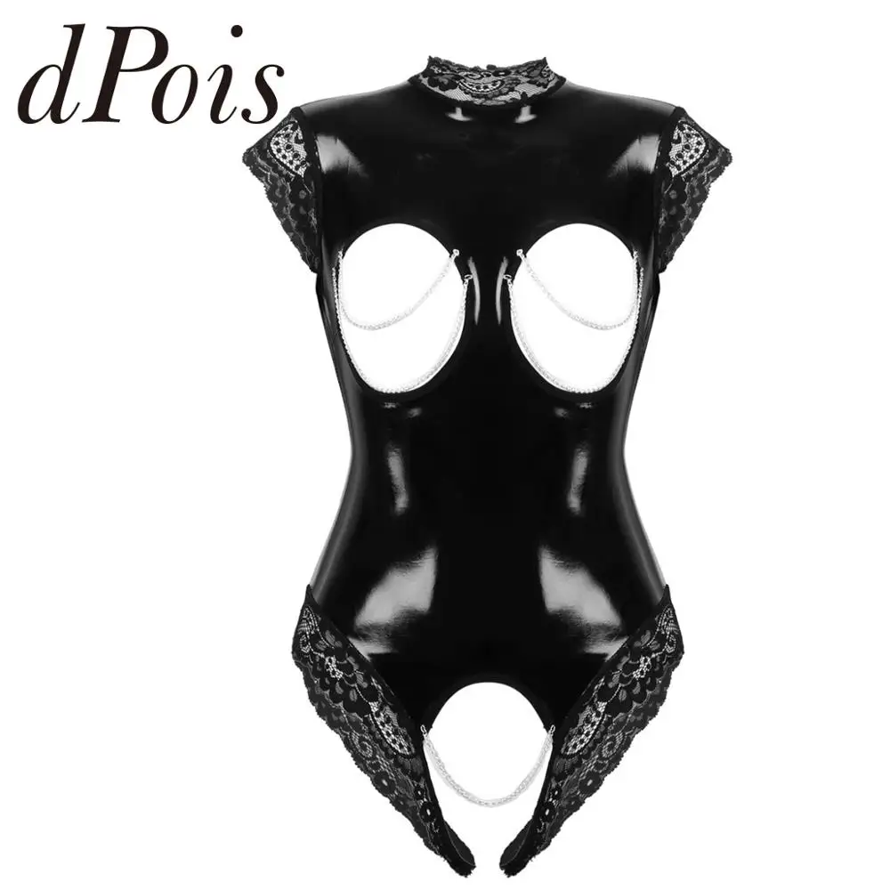 Lingerie Leotard Bodysuit Wet-Look One-Piece Open-Breast Sexy Womens Sleeveless Lace