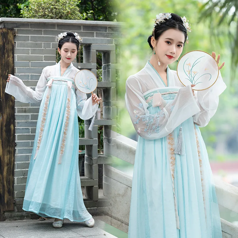 

Chinese Clothing Women's Ancient Costume Chest-Cross Collar Wide Sleeves Embroidered Jacket Skirt Students Antique Style Daily L