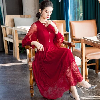

Lace large size dress 2020 spring new women's slim celebrity pleated long patchwork pleated dresses vestido women clothes