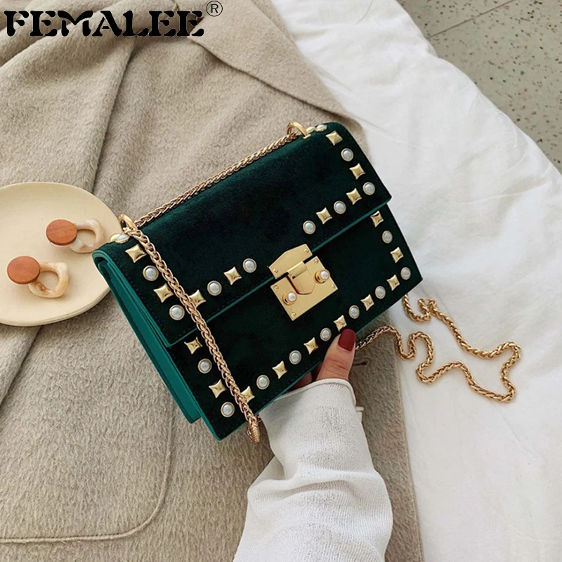 Ретро маленький женский мешок модные цепи заклепки жемчуг сумки на плечо женские бархатные кошельки сумки высокого качества через плечо сумка