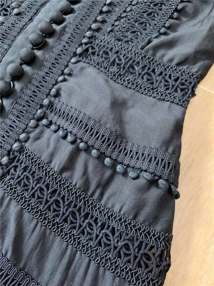 White dress Autumn Runway Holiday Embroidery Dresses Women's Elegant Full Sleeves Embroidery Hollow Out Fuzzy Balls Vestidoes