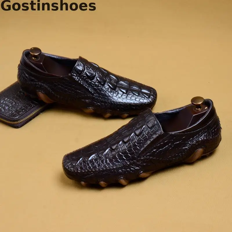 Men Shoes Casual Genuine Leather Crocodile Printed Leather Shoes Men Loafers Round Toe Slip-on Black Brown Mens Shoes Leisure
