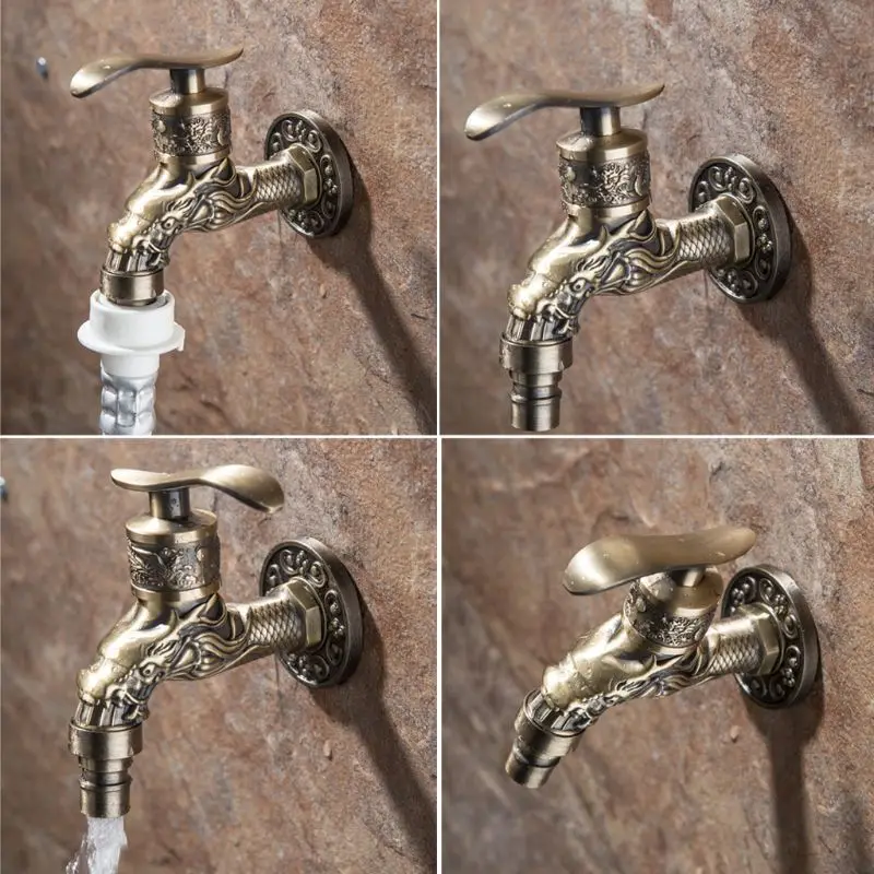 

Antique Bronze Bathroom Sink Faucet Dragon Washing Machine Tap Wall Mounted Tap