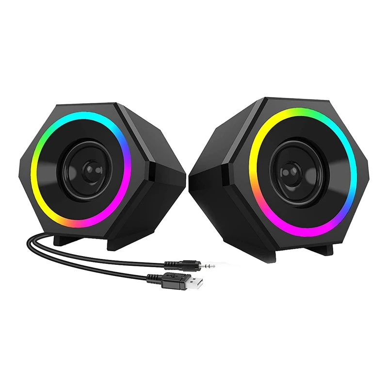 PC Speakers Compact Stereo Gaming USB-Powered Wired With Enhanced Bass Rainbow LED Lighting 3.5Mm Audio Input | Электроника