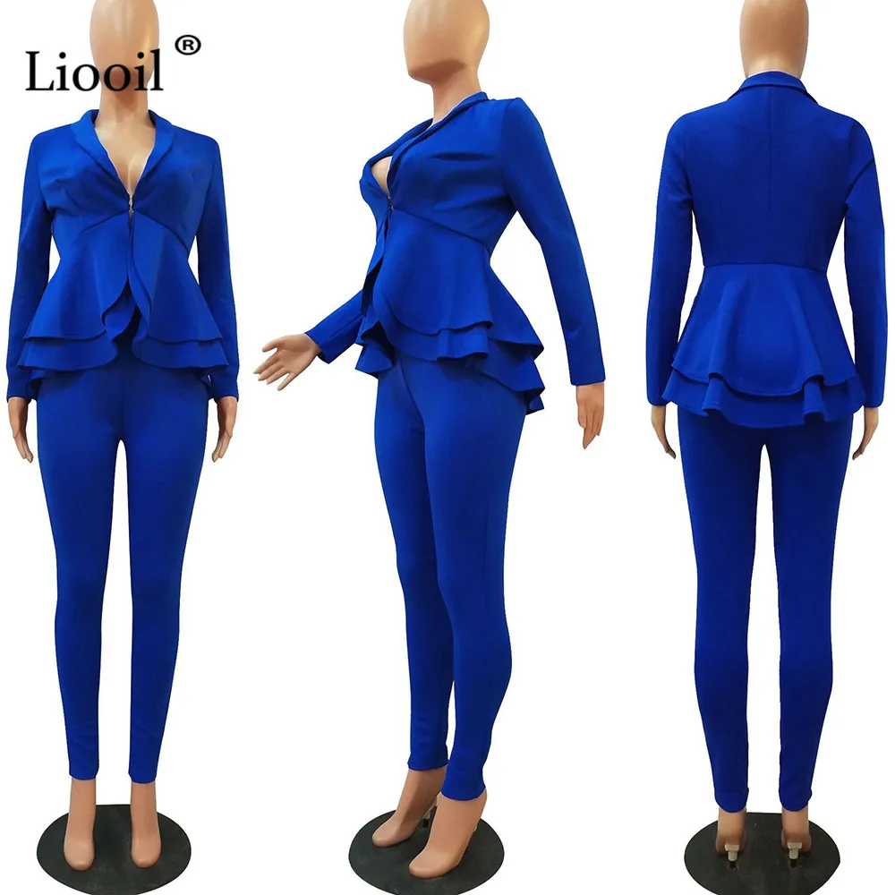 Liooil, черный, белый, комплект из двух предметов, женские Клубные наряды, осень, длинный рукав, v-образный вырез, сексуальное пальто с рюшами и длинные штаны, вечерние костюмы