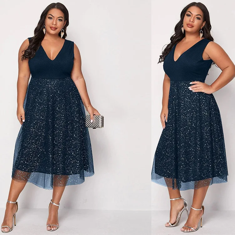 Женское платье большого размера с V-образным вырезом сексуальное синее