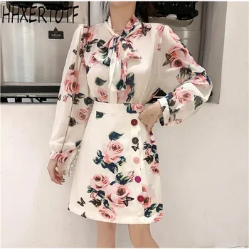 

2020 summer Women Rose Printed 2 Piece Set Sweet Bow Collar Chiffon Shirt Top + Colorful Button Skirt Set