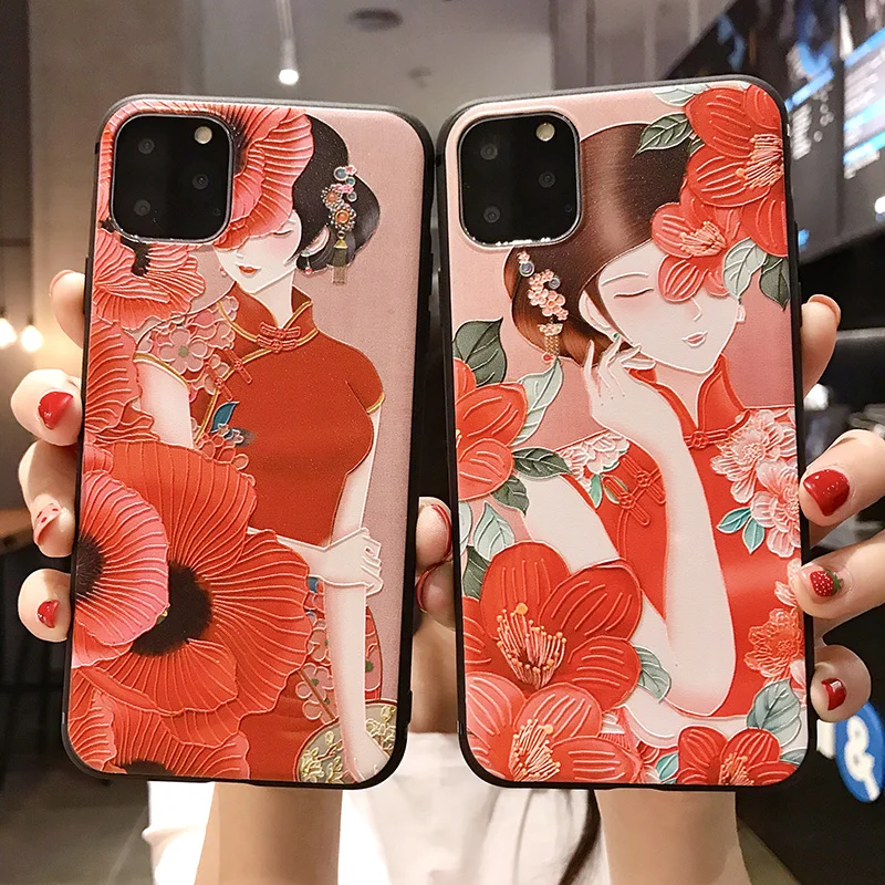 Embossed Chinese style cheongsam belle mobile phone case For Samsung Galaxy S9 S8 S10 A70 60TPU frosted soft silicone back cover |