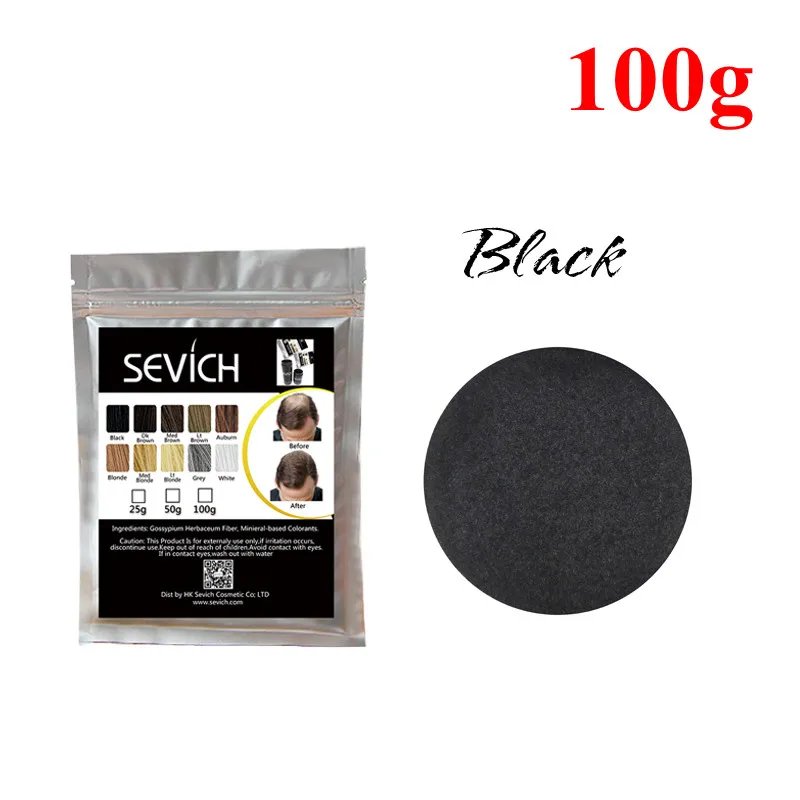 black Sevich refill, 100 г, продукты для выпадения волос, строительное волокно, порошки для волос, утолщенные тонкие волосы, 10 цветов, Кератиновое восстановление волос - Цвет: black