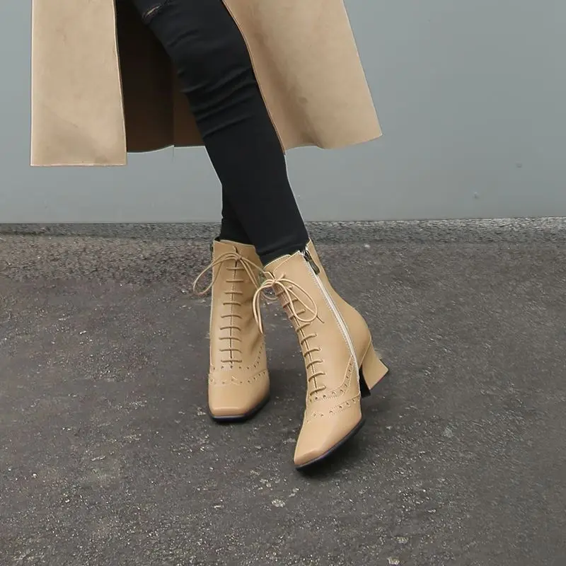 ALLBITEFO hot sale genuine leather sexy women boots high quality ankle boots Autumn Winter Square toe fashion girls shoes