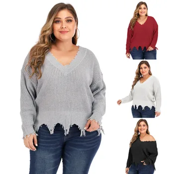 

Plus size women's clothing autumn and winter fat ladies long-sleeved V-neck stitching and fringed thick sweater