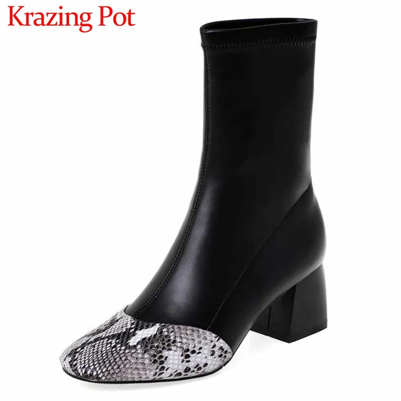 

Krazing Pot fashion snake mixed colors Korean stretch boots round toe high heels winter women basic daily wear ankle boots L02