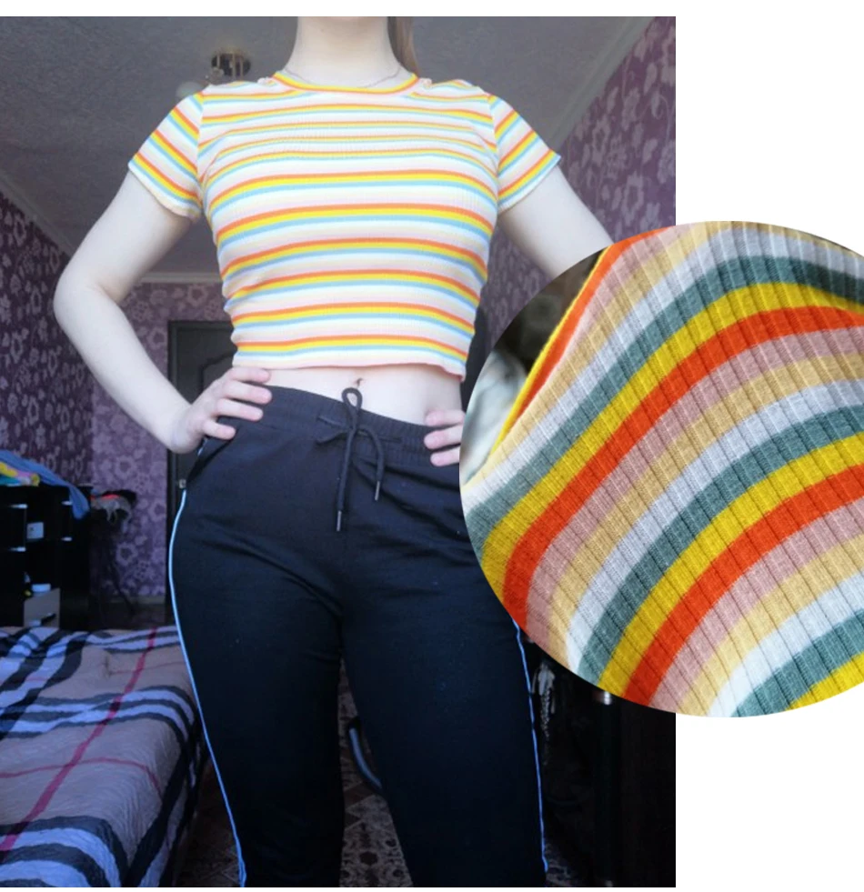 T-Shirt Women cotton Rainbow Striped Tops Harajuku Tshirt Summer Short Sleeve Navel Skinny stitching Korean Punk crop top woman