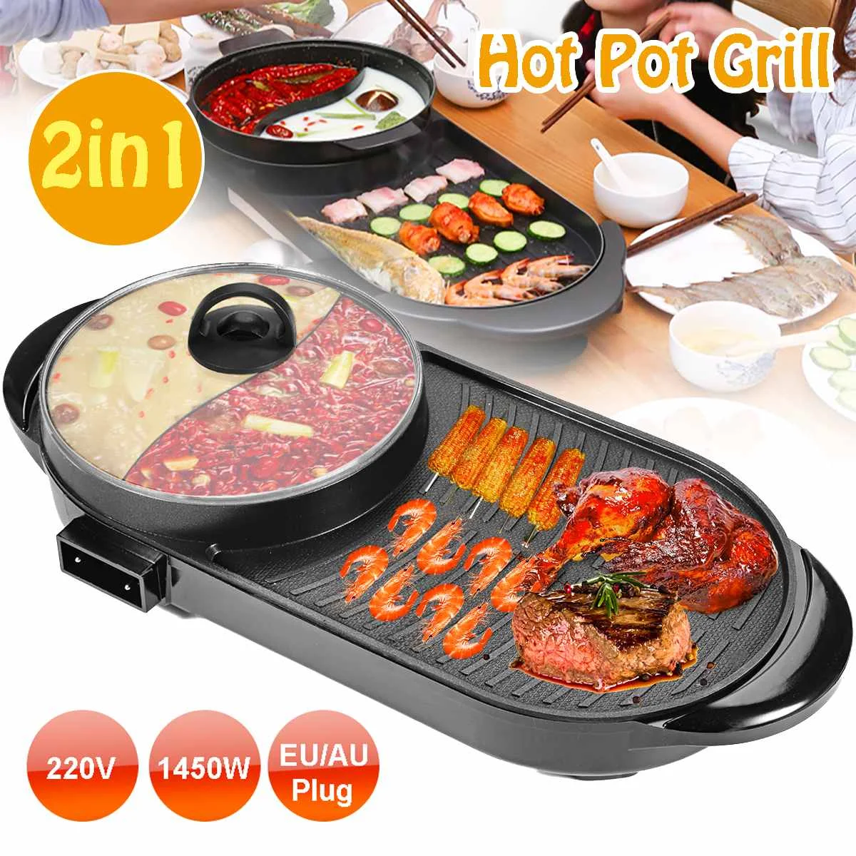 2 In 1 2000W Electric Grill Hot Pot Barbecue Multifunction Buffet Hot Pot BBQ Griddle for Family