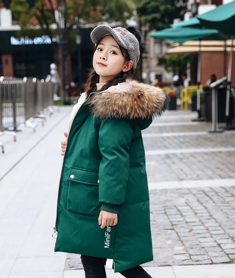 Г. стиль, пуховик для девочек детское утепленное пальто с большим меховым воротником Детский пуховик на утином пуху