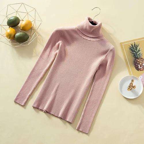 Тонкий вязаный свитер, эластичный, длинный рукав,, Осень-зима, женский, черный, белый, пуловер, водолазка, одноцветная, вязаная одежда для женщин, 7198 50 - Цвет: pink