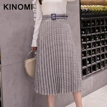 KINOMI осенне-зимние шерстяные клетчатые плиссированные юбки миди новые винтажные юбки до колена с завышенной талией женские юбки с ремнем