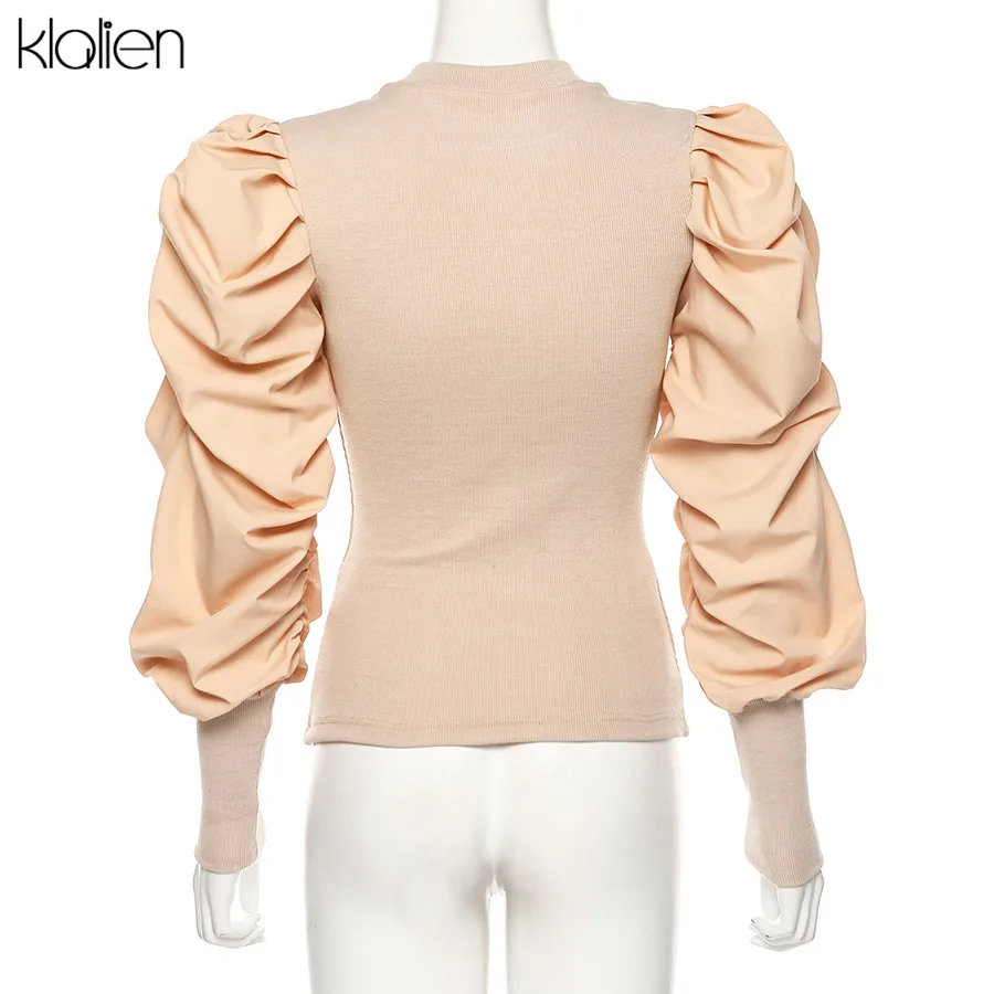 KLALIEN autumn retro French romantic knitting Special sleeves top women office lady high street Elegant fashion shirt mujer